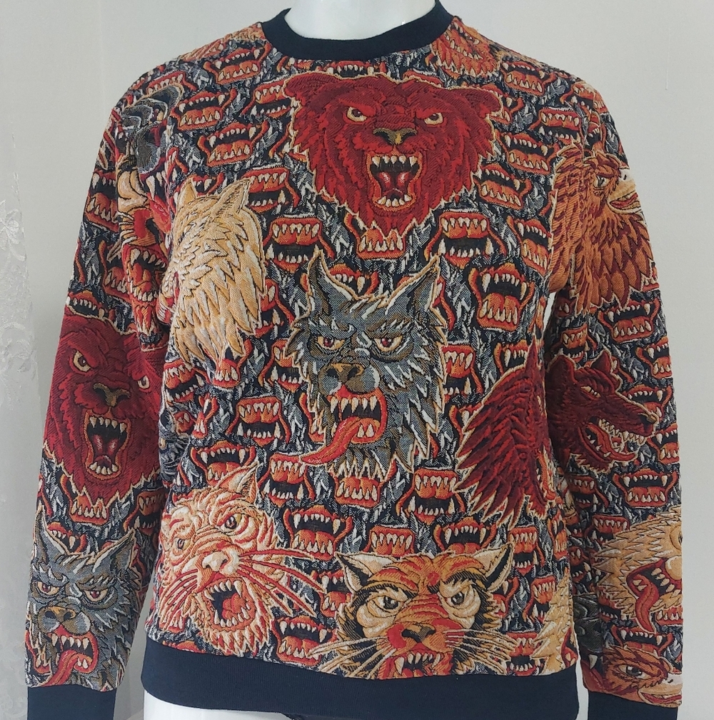 Zara Men's Jacquard Tiger Wolf Bear Animal Graphic Sweater